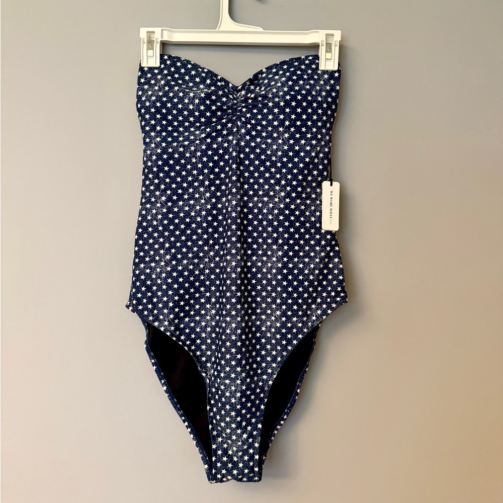 WeWoreWhat One Piece Distressed Navy Star Print Strapless Swim Suit Americana - Picture 4 of 15